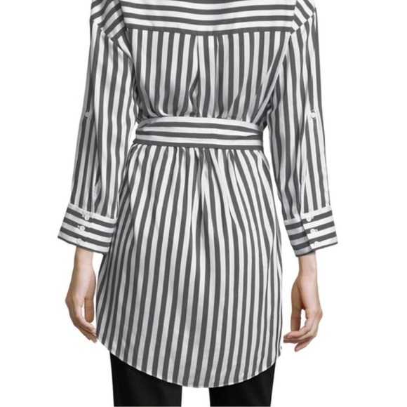 Alice + Olivia Tate Black White Striped Belted Shirt Dress Tunic Top Size L - Picture 2 of 10